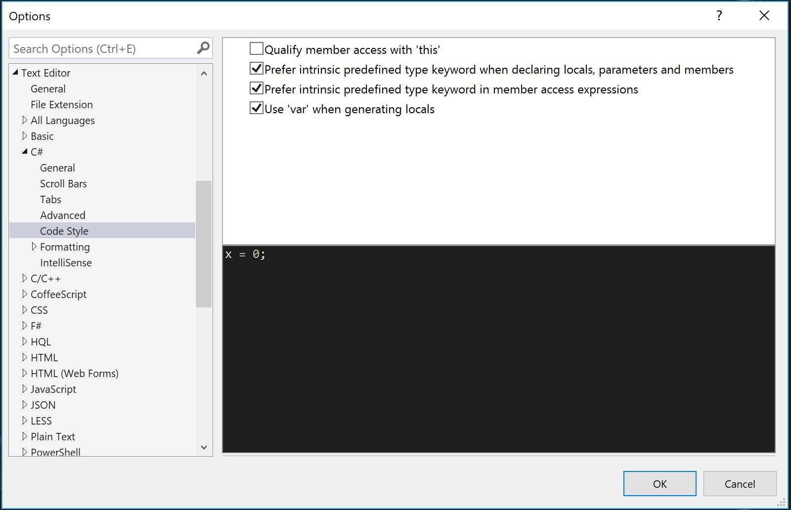 VS2015 Code style options